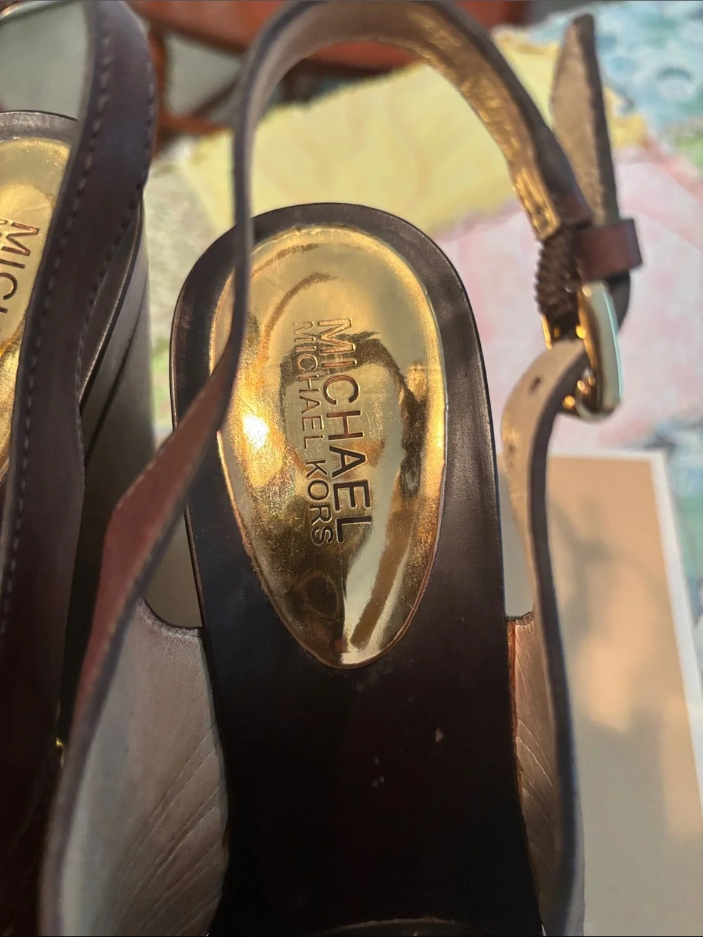Michael Kors Dark Brown Leather Studded Wedge Sandals—NWOT